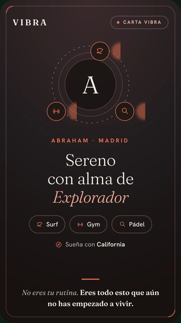 Carta VIBRA de Abraham (Madrid): Sereno con alma de Explorador — Surf, Gym, Pádel; sueña con California.