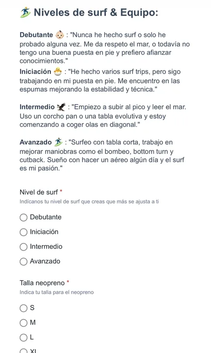 Formulario de entrada: nivel de surf y talla de neopreno