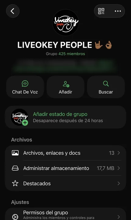Grupo de WhatsApp LiveOkey People, 425 miembros