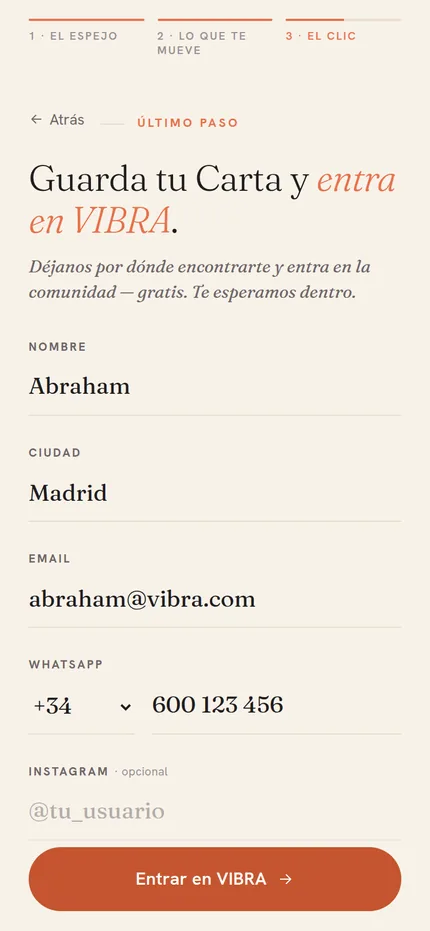 Pantalla de datos de contacto