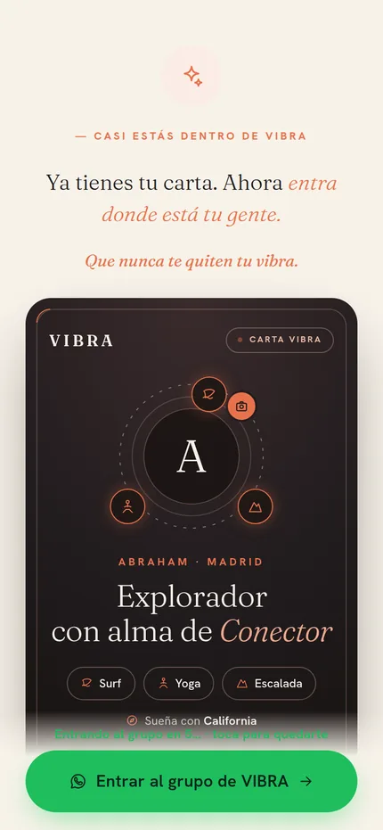 Carta VIBRA generada y botón para entrar al grupo de WhatsApp